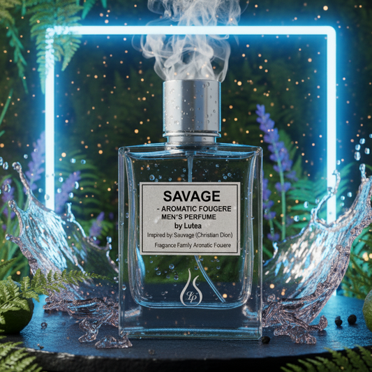Perfume bottle labeled 'Savage' with a neon light frame and greenery around.