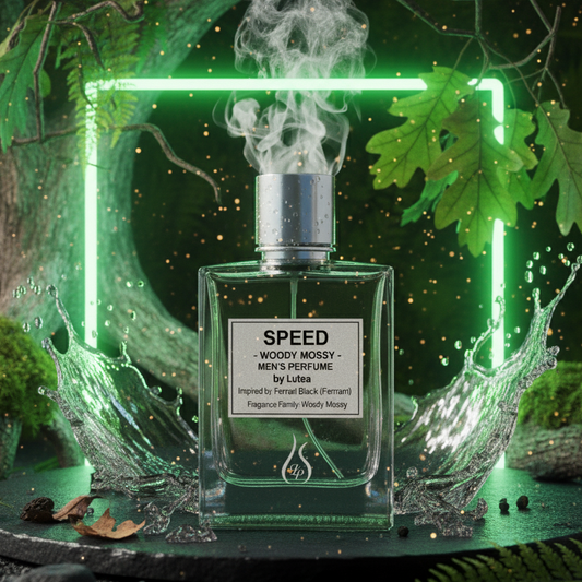 Perfume bottle labeled 'Speed' with a forest background