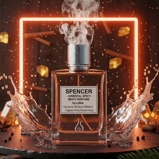 Perfume bottle labeled 'Spencer' with decorative elements on a dark background