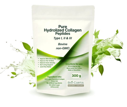Package of Pure Hydrolized Collagen Peptides with green leaves on a white background