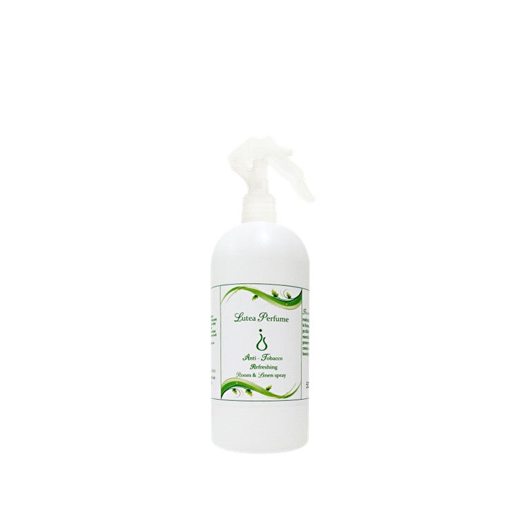 White spray bottle with green label on a white back ground 
Lutea Linen Spray Anti-Tobacco 500 ml bottle