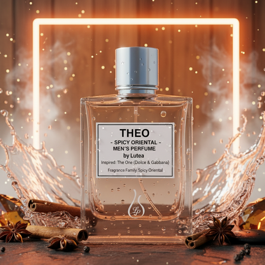 Perfume bottle labeled 'THEO' with spices and a glowing frame in the background