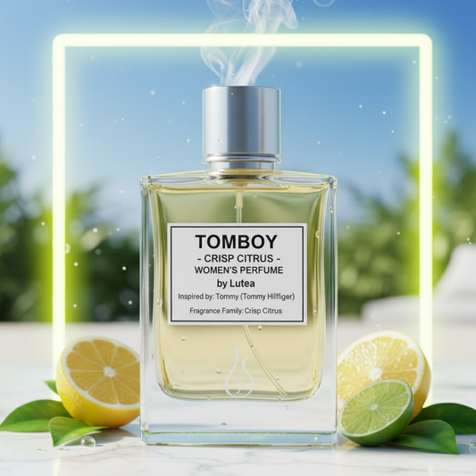 Tomboy perfume bottle with lemons and lime on a blurred outdoor background
