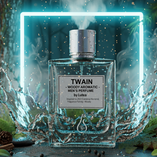 Perfume bottle labeled 'TWAIN' with decorative elements on a dark background
