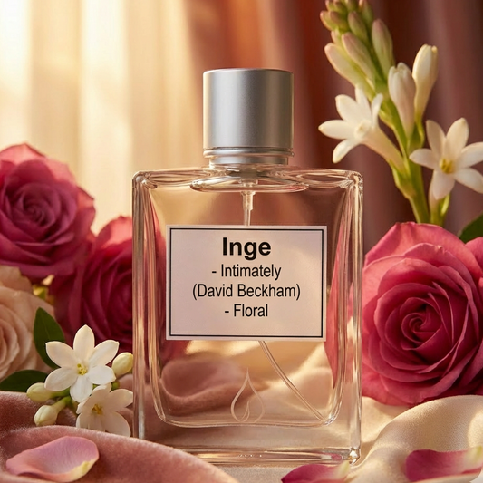 Perfume bottle labeled 'Inge' surrounded by flowers with a soft, warm background