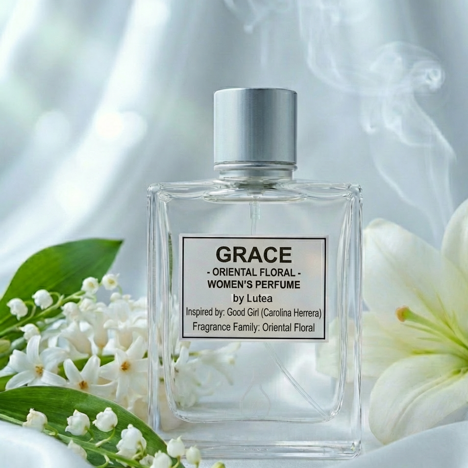 Perfume bottle labeled 'Grace' with flowers on a soft white background