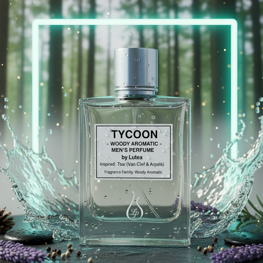 Tycoon Woody Aromatic men's perfume bottle with water splash and forest background